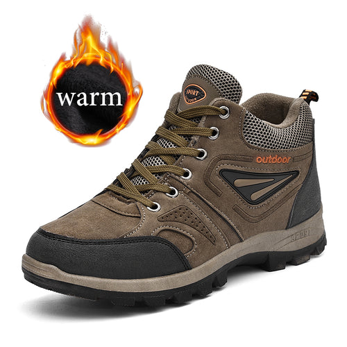 2019 Winter Men Fur Plush Warm Hiking Shoes PU Leather Men's Casual Shoes Plus Size 47 Male Outdoor Tooling Shoes Climbing Shoes